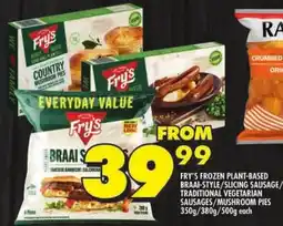 Shoprite Fry's frozen plant-based braai-style/slicing sausage/ traditional vegetarian sausages/mushroom pies offer