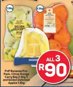 Pick n Pay PnP Bananas Pre-Pack, Citrus Orange Carry Bag 2.5kg V and Golden Delicious Apples 1.5kg offer