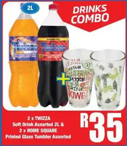 Boxer 2 x TWIZZA Soft Drink Assorted 2L & 2 x HOME SQUARE Printed Glass Tumbler Assorted offer