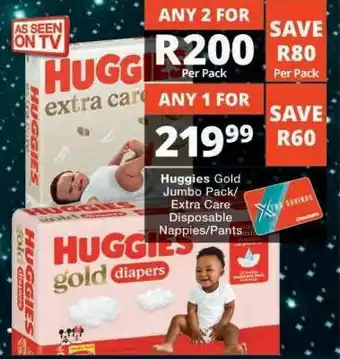 Checkers Huggies Gold Jumbo Pack/Extra Care Disposable Nappies/Pants offer