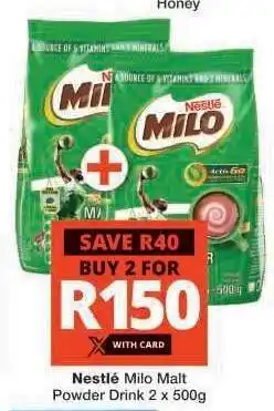 Checkers Nestlé Milo Malt Powder Drink 2 x 500g offer
