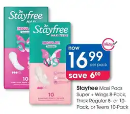 Clicks Stayfree Maxi Pads Super + Wings, Thick Regular, or Teens offer