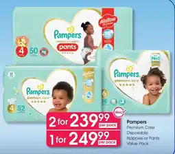 Clicks Pampers Premium Care Disposable Nappies or Pants Value Pack offer