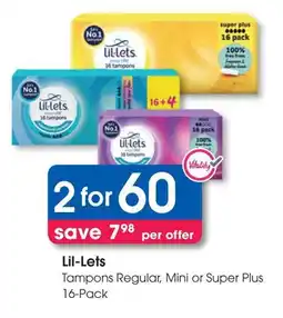 Clicks Lil-Lets Tampons Regular, Mini or Super Plus offer