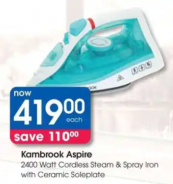 Clicks Kambrook Aspire 2400 Watt Cordless Steam & Spray Iron with Ceramic Soleplate offer