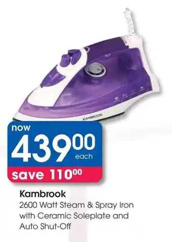 Clicks Kambrook 2600 Watt Steam & Spray Iron with Ceramic Soleplate and Auto Shut-Off offer