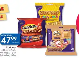 Clicks Cadbury Lunch Bar Treat Bag or Chomp Party Pack, P.S. Minis Bag or Eclairs Bag offer