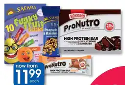 Clicks Safari Dried Fruit, Nuts & Funky Fruit Sticks, and Bokomo ProNutro Bars or Multipacks offer