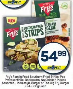 Pick n Pay Hypermarket Fry's Family Food Southern Fried Strips, Pea Protein Mince, Boerewors, Homestyle Burger or The Big Fry Burger offer