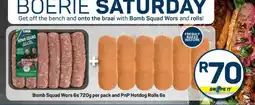 Pick n Pay Bomb Squad Wors 6s 720g per pack and PnP Hotdog Rolls 6s offer