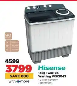 HiFi Corp Hisense 14kg TwinTub Washing WSCF143 offer
