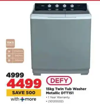 HiFi Corp Defy 15Kg Twin Tub Washer Metallic DTT151 offer