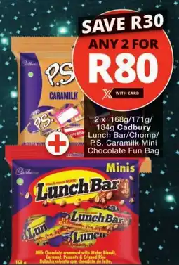 Checkers Cadbury Lunch Bar/ Chomp/ P.S. Caramilk Mini Chocolate Fun Bag offer
