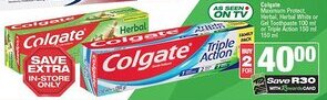Spar Colgate Maximum Protect, Herbal, Herbal White or Gel Toothpaste or Triple Action offer