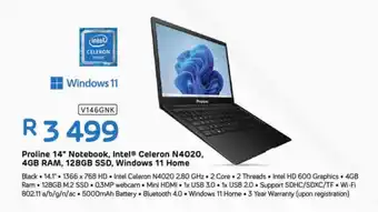 Computer Mania Proline 14" Notebook, Intel Celeron N4020, 4GB RAM, 128GB SSD, Windows 11 Home offer
