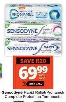 Checkers Sensodyne Rapid Relief/Pronamel/Complete Protection Toothpaste offer