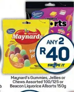 Pick n Pay Maynard's Gummies, Jellies or Chews Assorted 100/125 or Beacon Liquorice Allsorts 150g offer