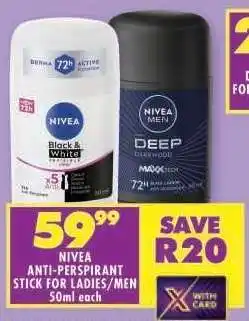 Shoprite NIVEA ANTI-PERSPIRANT STICK FOR LADIES/MEN offer