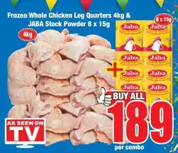 Boxer Frozen Whole Chicken Leg Quarters 4kg & JABA Stock Powder 8 x 15g offer