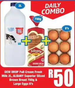 Boxer DEW DROP Full Cream Fresh Milk 2L, ALBANY Superior Sliced Brown Bread 700g & Large Eggs 6's offer