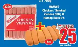 Boxer MAMA'S Chicken / Smoked Viennas 330g & Hotdog Rolls 6's offer