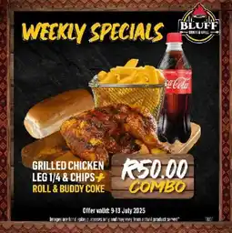 Bluff Meat Supply Grilled chicken leg & chips + roll & buddy coke offer