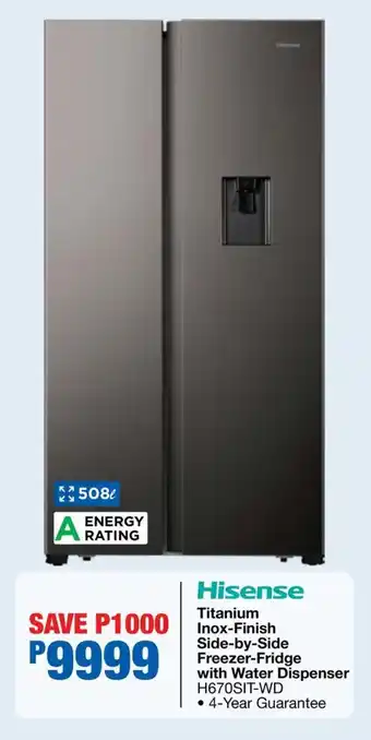 OK Furniture Hisense Titanium Inox-Finish Side-by-Side Freezer-Fridge with Water Dispenser offer