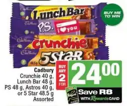 SuperSpar Cadbury Crunchie, Lunch Bar, PS, Astros, or 5 Star Assorted offer