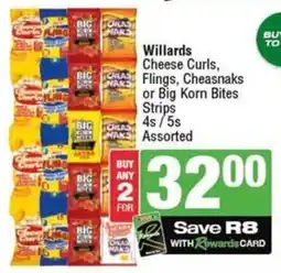 SuperSpar Willards Cheese Curls, Flings, Cheasnaks or Big Korn Bites Strips Assorted offer