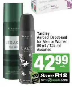 SuperSpar Yardley Aerosol Deodorant for Men or Women Assorted offer