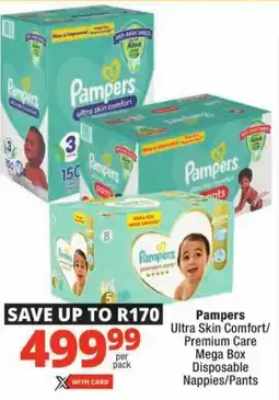 Checkers Pampers Ultra Skin Comfort/ Premium Care Mega Box Disposable Nappies/ Pants offer