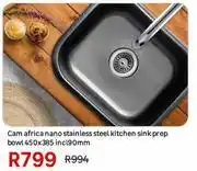 Leroy Merlin Cam Africa Nano Stainless Steel Kitchen Sink Prep Bowl 450 x 385 Incl 90mm offer