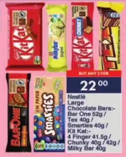 President Hyper Nestlé Large Chocolate Bars Bar One/ Tex/ Smarties/ Kit Kat 4 Finger/ Chunky/ Milky Bar offer