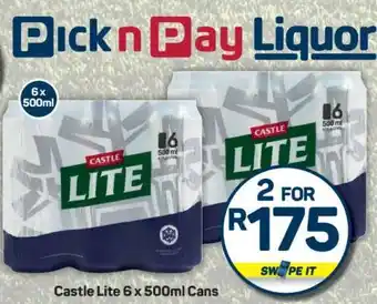 Pick n Pay Castle Lite 6 x 500ml Cans offer