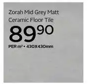 CTM Zorah Mid Grey Matt Ceramic Floor Tile-430 x 430mm Per Sqm offer
