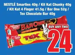 Boxer Superstores NESTLÉ Smarties/ Kit Kat Chunky/ Kit Kat 4 Finger/ Bar One/ Tex Chocolate Bar offer