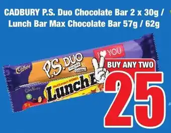 Boxer Superstores CADBURY P.S. Duo Chocolate Bar/ Lunch Bar Max Chocolate Bar offer
