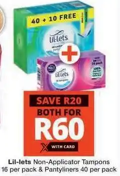 Checkers Lil-lets Non-Applicator Tampons & Pantyliners offer