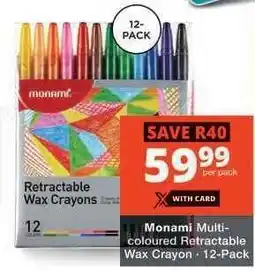 Checkers Monami Multi-coloured Retractable Wax Crayon - 12-Pack offer