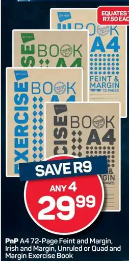 Pick n Pay PnP A4 72-Page Feint and Margin, Irish and Margin, Unruled or Quad and Margin Exercise Book offer
