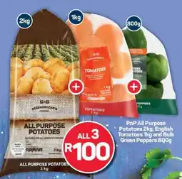 Pick n Pay PnP All Purpose Potatoes 2kg, English Tomatoes 1kg and Bulk Green Peppers 800g offer