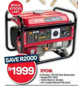 Pick n Pay Hypermarket RYOBI 4-Stroke 1.2KVA Max Generator offer