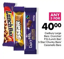 Save Cadbury Large Bars Crunchie/ P.S./ Lunch Bar/ 5 Star/ Chunky Bars/ Caramello Bars offer