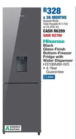 OK Furniture Hisense Black Glass-Finish Bottom-Freezer Fridge with Water Dispenser H370BMIB-WD offer