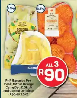 Pick n Pay PnP Bananas Pre-Pack, Citrus Orange Carry Bag 2.5kg V and Golden Delicious Apples 1.5kg offer