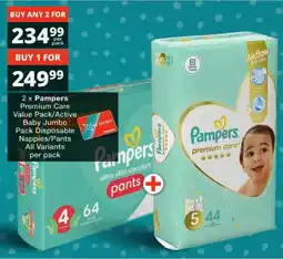 Checkers Pampers Premium Care Value Pack/ Active Baby Jumbo Pack Disposable Nappies/ Pants All Variants offer