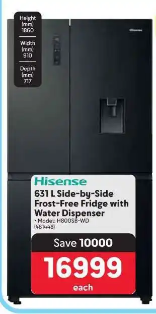 Makro Hisense 631 L Side-by-Side Frost-Free Fridge with Water Dispenser offer