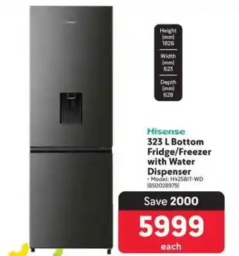 Makro Hisense 323 L Bottom Fridge/Freezer with Water Dispenser offer
