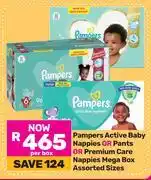 Game Pampers Active Baby Nappies Or Pants Or Premium Care nappies Mega Box Assorted Sizes-Per Box offer
