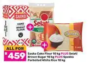 Game Sasko Cake Flour 10Kg Plus Selati Brown Sugar 10Kg Plus Spekko Parboiled White Rice 10Kg-All For offer